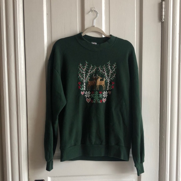 Jerzees Tops - Jerzees Hand Embroidered Vintage Crew Neck Holiday Pullover Sweatshirt Large